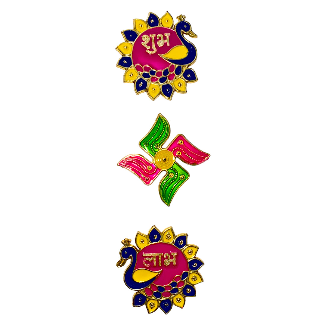 Krivi Decorative Peacock Shape Stone Shubh Labh and Swastik Design Wall Stickers for /Main Door Entrance/Diwali Home Decoration Items (3 Pieces)