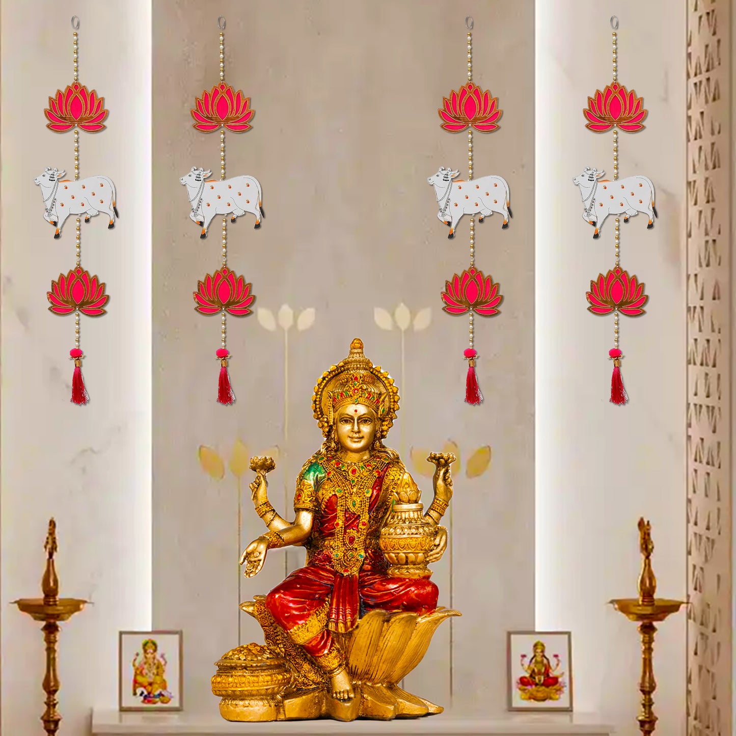 Krivi Lotus with Pichwai Cow Cut Outs, Hangings With Tassels, Floral Wall Decor, Main Entrance Decorations, Backdrop Hangings (4 Pieces)