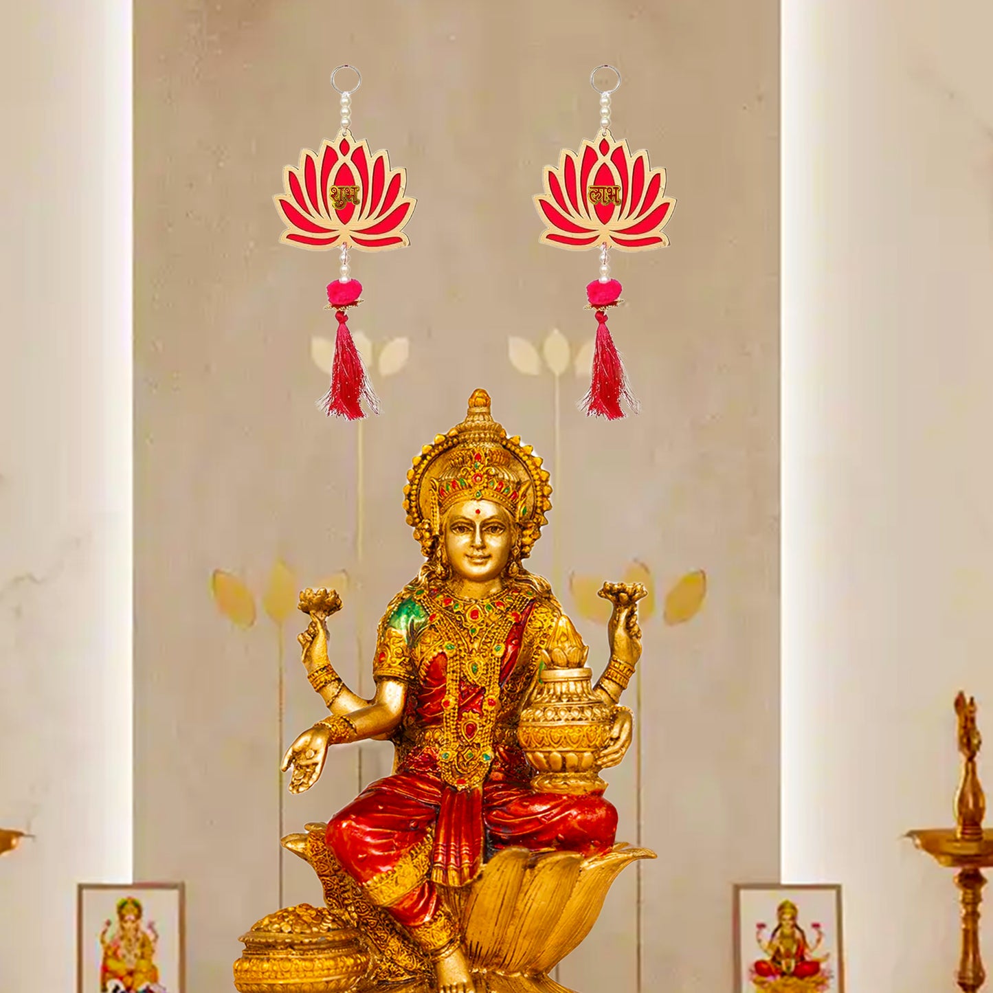 Krivi Lotus with Shubh Labh, Hangings With Tassels, Floral Wall Decor, Main Entrance Decorations, Backdrop Hangings (2 Pieces)
