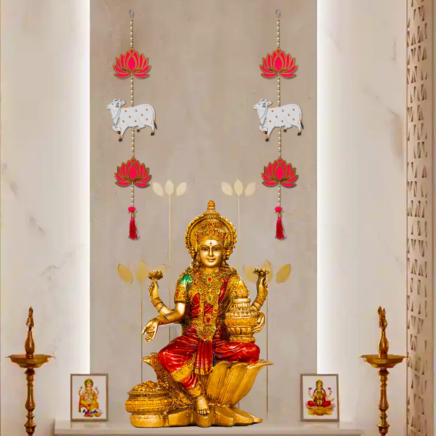 Krivi Lotus with Pichwai Cow Cut Outs, Hangings With Tassels, Floral Wall Decor, Main Entrance Decorations, Backdrop Hangings (2 Pieces)