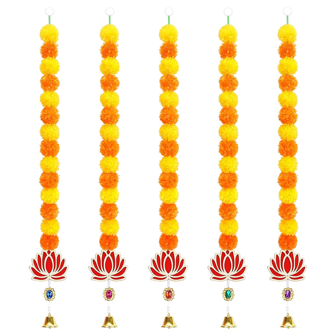 Krivi Marigold Garland for Decoration,5 Pcs of 5-Feet Long Artificial Flower Garlands with lotus and Bell,Indian Décor for Pooja, Wedding, Halloween, Diwali,(Yellow & Red)