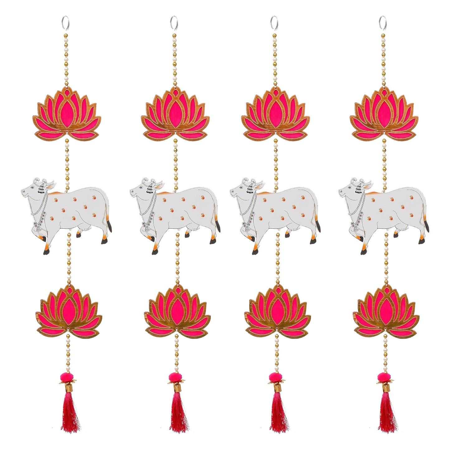 Krivi Lotus with Pichwai Cow Cut Outs, Hangings With Tassels, Floral Wall Decor, Main Entrance Decorations, Backdrop Hangings (4 Pieces)
