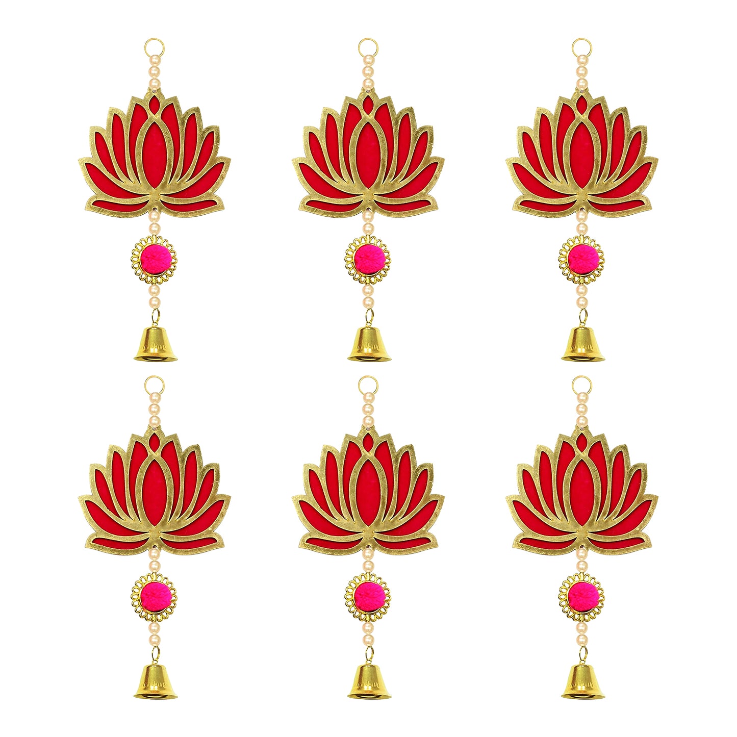 Krivi Lotus Cut Outs With Beads & Metal Bell,, Hangings With Tassels, Floral Wall Decor, Main Entrance Decorations, Backdrop Hangings (6 Pieces)