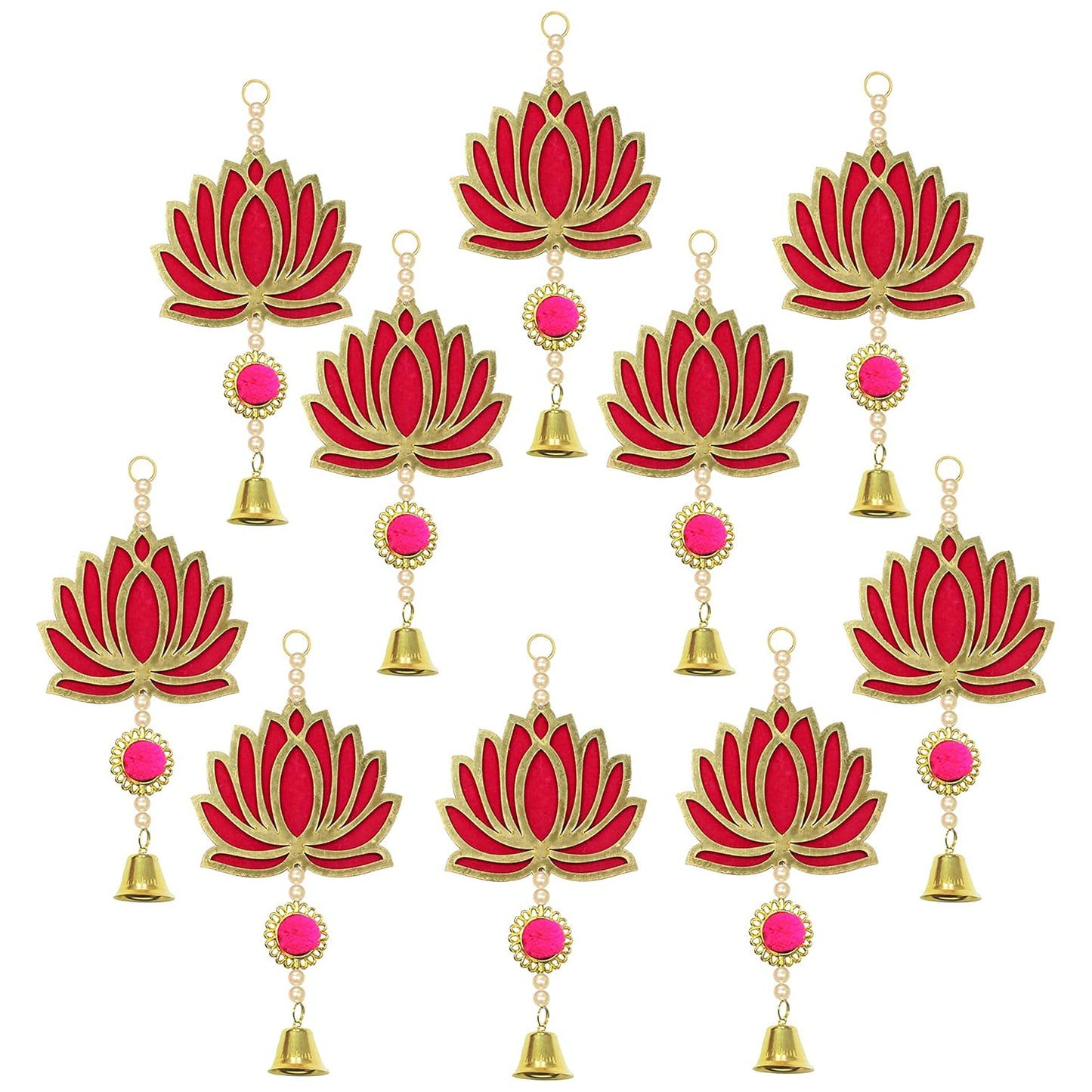 Krivi Lotus Cut Outs With Beads & Metal Bell,, Hangings With Tassels, Floral Wall Decor, Main Entrance Decorations, Backdrop Hangings (10 Pieces)