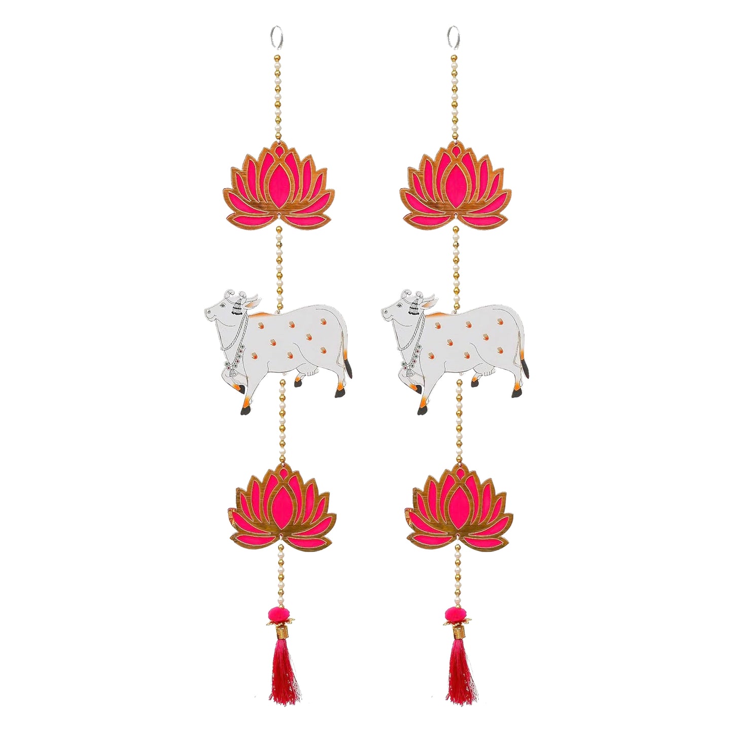 Krivi Lotus with Pichwai Cow Cut Outs, Hangings With Tassels, Floral Wall Decor, Main Entrance Decorations, Backdrop Hangings (2 Pieces)