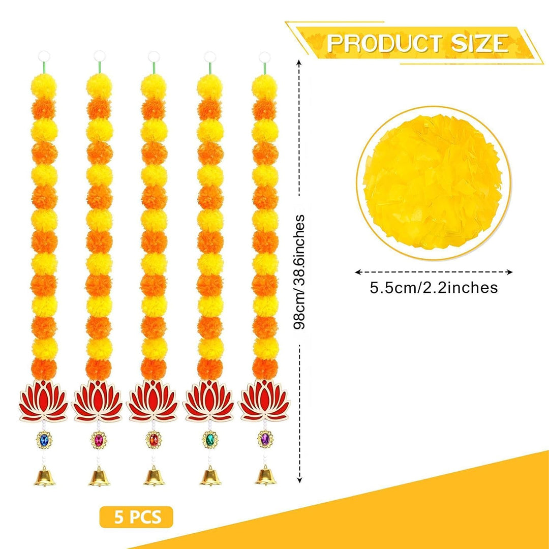 Krivi Marigold Garland for Decoration,5 Pcs of 5-Feet Long Artificial Flower Garlands with lotus and Bell,Indian Décor for Pooja, Wedding, Halloween, Diwali,(Yellow & Red)