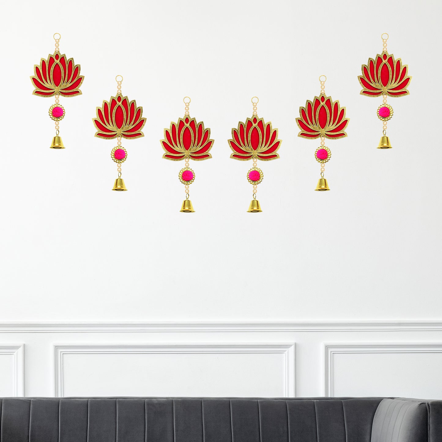 Krivi Lotus Cut Outs With Beads & Metal Bell,, Hangings With Tassels, Floral Wall Decor, Main Entrance Decorations, Backdrop Hangings (6 Pieces)