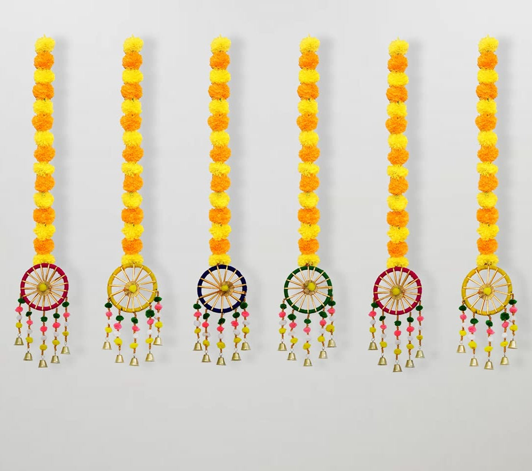 Krivi Handmade Artificial Marigold Fluffy Flowers Hanging for Home, Office, Bedroom, Balcony, Living Room Decoration (Pack of 6)