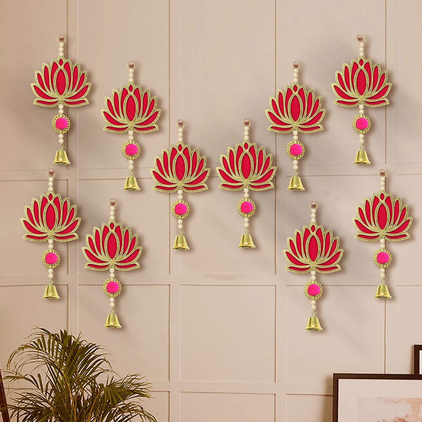 Krivi Lotus Cut Outs With Beads & Metal Bell,, Hangings With Tassels, Floral Wall Decor, Main Entrance Decorations, Backdrop Hangings (10 Pieces)