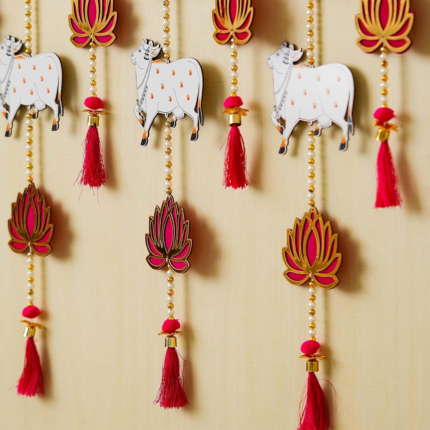 Krivi Lotus with Pichwai Cow Cut Outs, Hangings With Tassels, Floral Wall Decor, Main Entrance Decorations, Backdrop Hangings (4 Pieces)