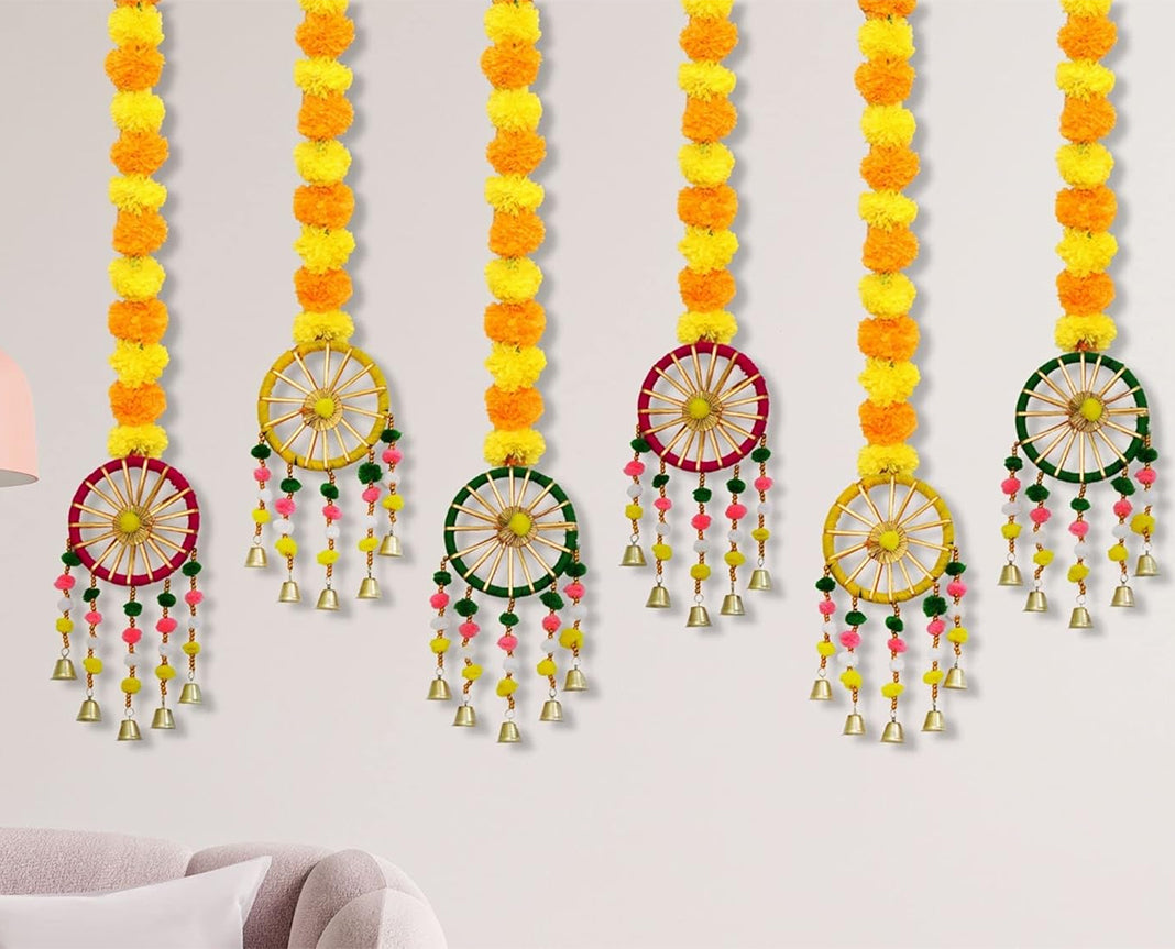 Krivi Handmade Artificial Marigold Fluffy Flowers Hanging for Home, Office, Bedroom, Balcony, Living Room Decoration (Pack of 6)