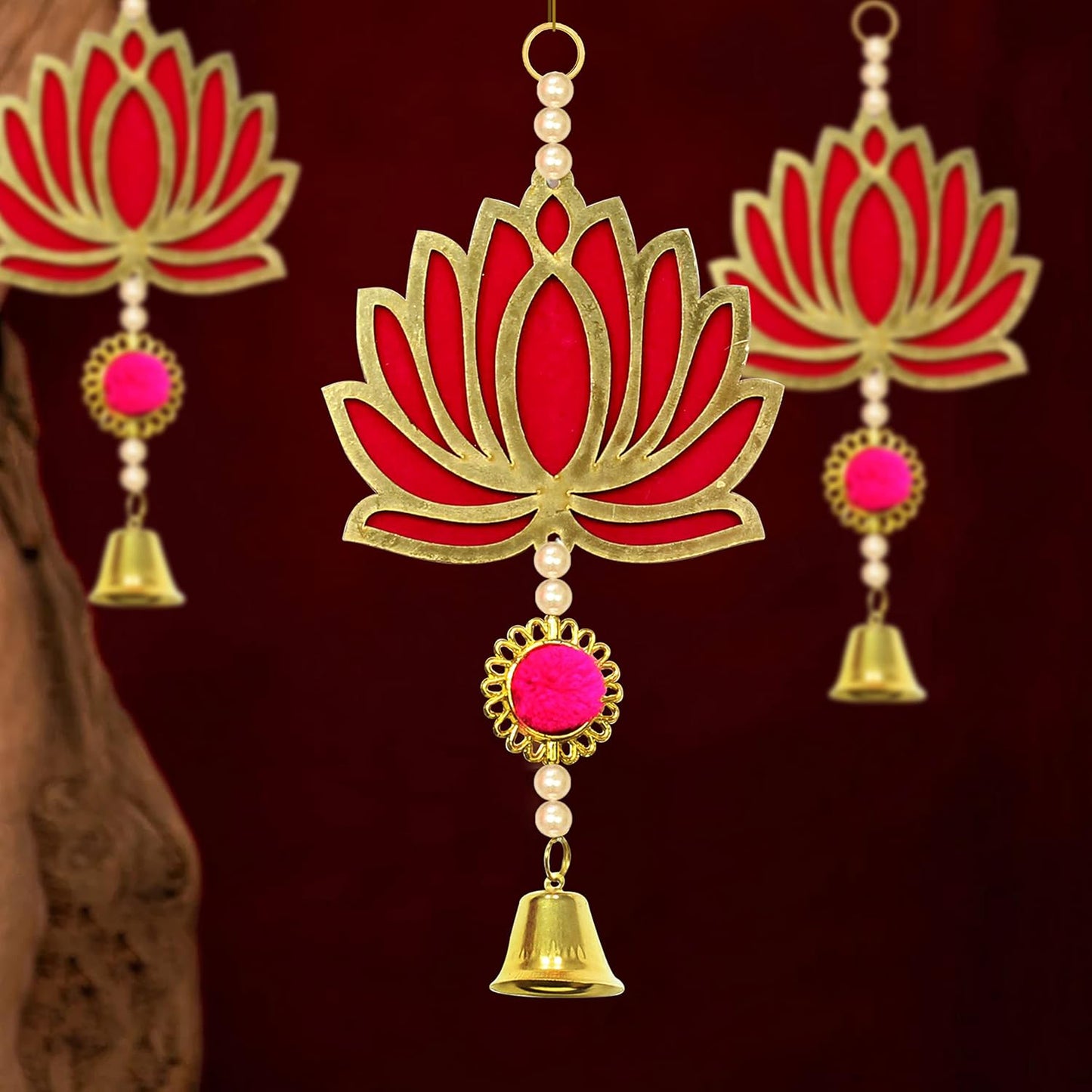 Krivi Lotus Cut Outs With Beads & Metal Bell,, Hangings With Tassels, Floral Wall Decor, Main Entrance Decorations, Backdrop Hangings (6 Pieces)