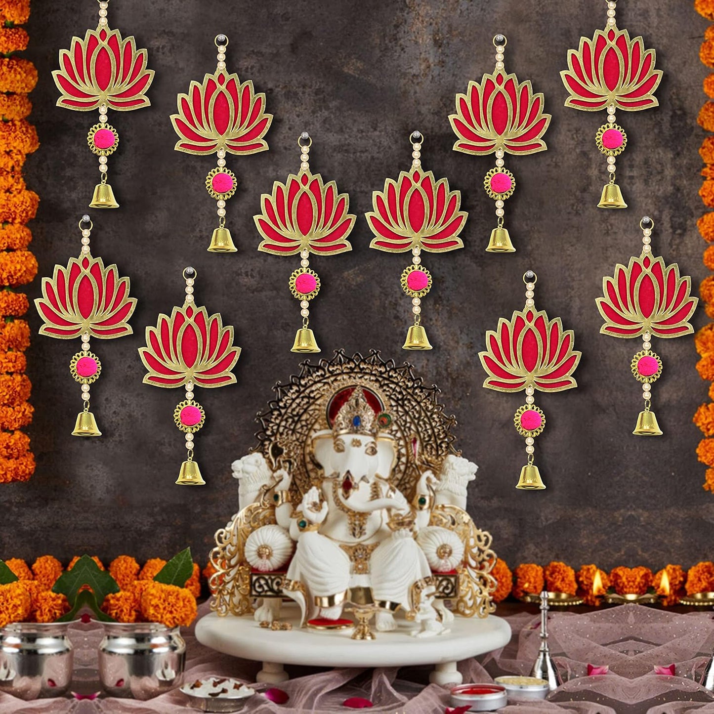 Krivi Lotus Cut Outs With Beads & Metal Bell,, Hangings With Tassels, Floral Wall Decor, Main Entrance Decorations, Backdrop Hangings (10 Pieces)
