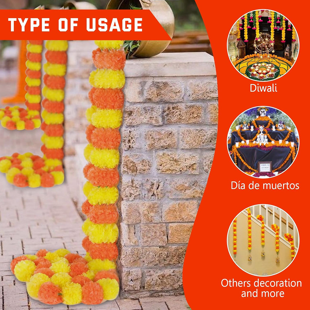 Krivi Marigold Garland for Decoration,5 Pcs of 5-Feet Long Artificial Flower Garlands,Indian Décor for Pooja, Wedding, Halloween, Diwali,(Yellow & Red)