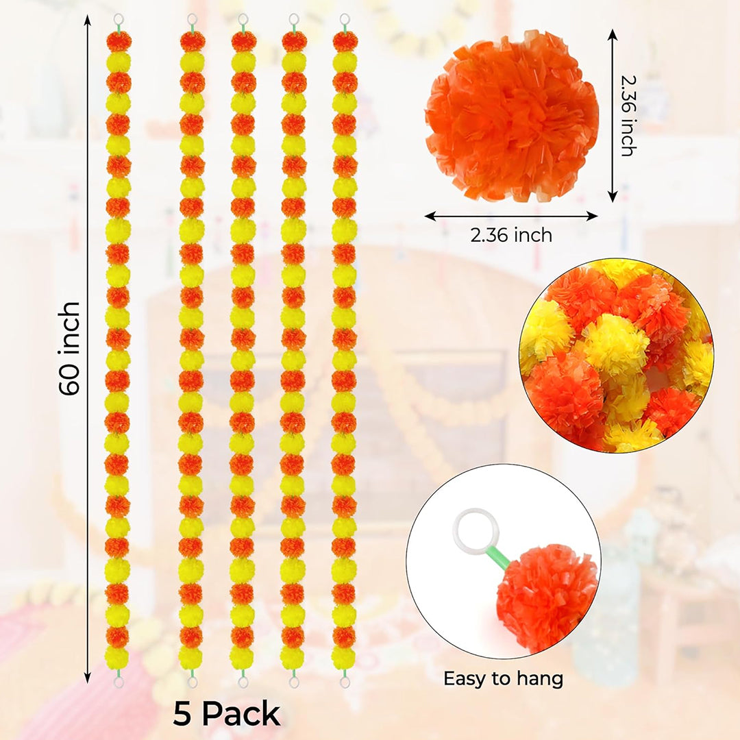 Krivi Marigold Garland for Decoration,5 Pcs of 5-Feet Long Artificial Flower Garlands,Indian Décor for Pooja, Wedding, Halloween, Diwali,(Yellow & Red)