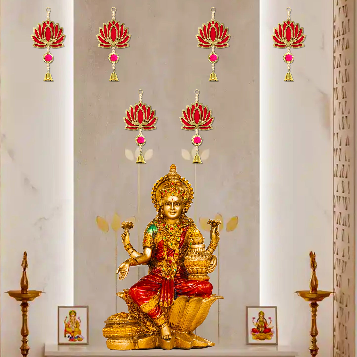 Krivi Lotus Cut Outs With Beads & Metal Bell,, Hangings With Tassels, Floral Wall Decor, Main Entrance Decorations, Backdrop Hangings (6 Pieces)