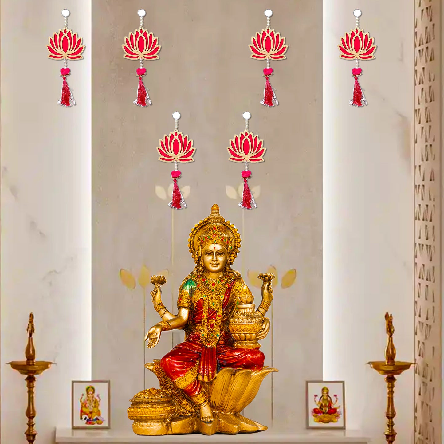Krivi Lotus Cut Outs, Hangings With Tassels, Floral Wall Decor, Main Entrance Decorations, Backdrop Hangings (6 Pieces)