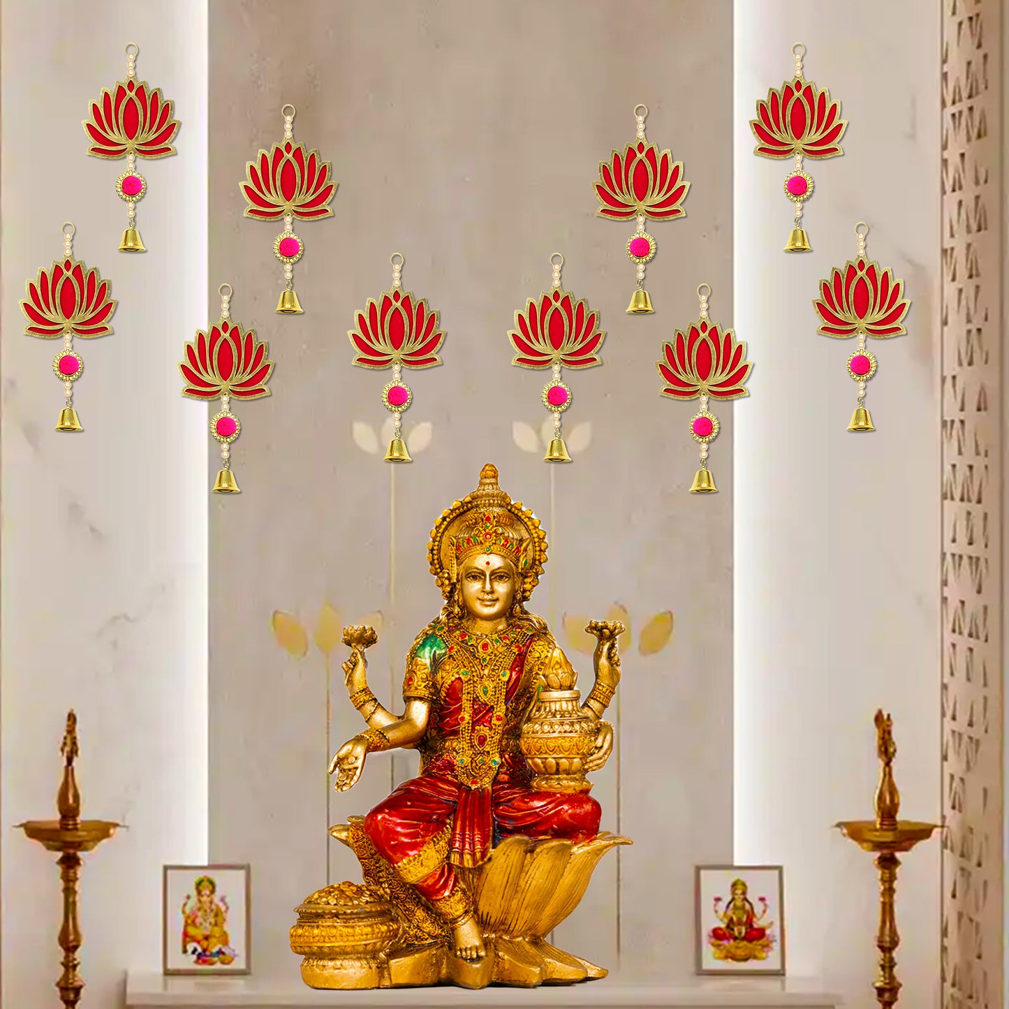 Krivi Lotus Cut Outs With Beads & Metal Bell,, Hangings With Tassels, Floral Wall Decor, Main Entrance Decorations, Backdrop Hangings (10 Pieces)
