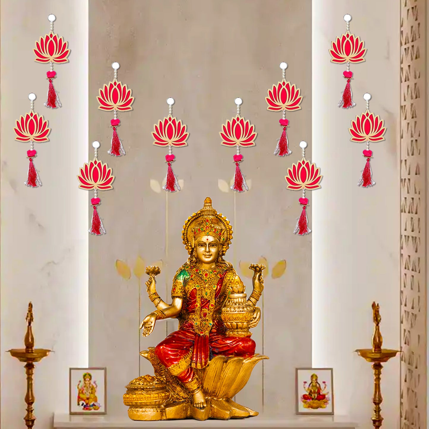 Krivi Lotus Cut Outs, Hangings With Tassels, Floral Wall Decor, Main Entrance Decorations, Backdrop Hangings (10 Pieces)