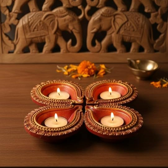 Traditional Handmade Decorative Terracotta Clay Diya Set for Diwali, Pooja, Parties (Pack of 4)