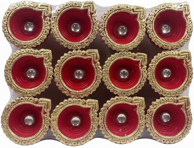 Traditional Handmade Decorative Terracotta Clay Diya Set for Diwali, Pooja, Parties (Pack of 12) - Red & Gold