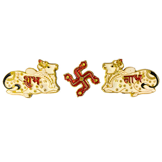 Krivi  Acrylic Shubh Labh on Cow, and Swastik Set for Wall & Door Decoration, Diwali Decoration Stickers (3 Pieces)