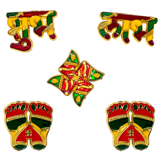 Krivi  Harmony Acrylic Stone Work Shubh Labh, Laxmi Charan Paduka with Swastik Sticker, Diwali Decoration for Home (5 Pieces)