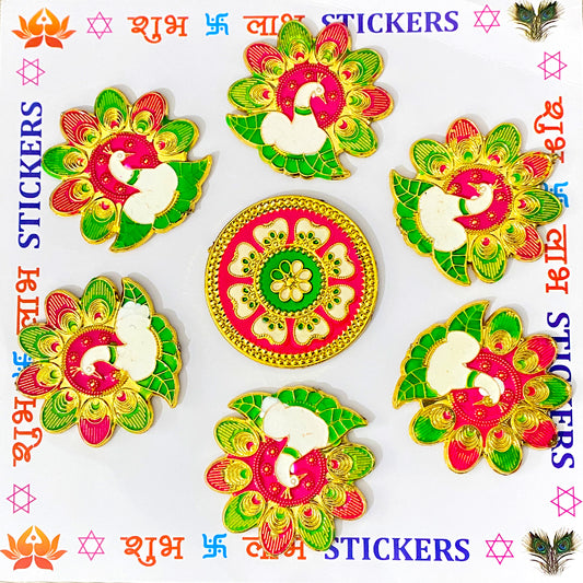 Krivi Beautiful Peacock Pattern Acrylic Rangoli Set for Floor Decor, Diwali Decoration Sticker (7 Pieces)