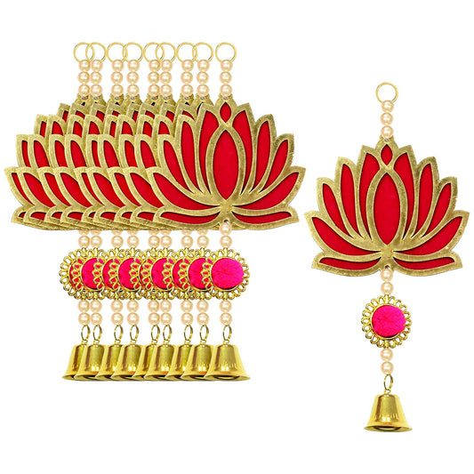 Krivi Lotus Cut Outs With Beads & Metal Bell,, Hangings With Tassels, Floral Wall Decor, Main Entrance Decorations, Backdrop Hangings (10 Pieces)