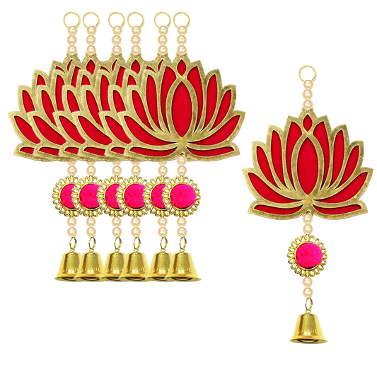 Krivi   Lotus Cut Outs With Beads & Metal Bell,, Hangings With Tassels, Floral Wall Decor, Main Entrance Decorations, Backdrop Hangings (6 Pieces)