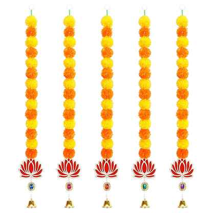 Krivi  Marigold Garland for Decoration,5 Pcs of 5-Feet Long Artificial Flower Garlands with lotus and Bell,Indian Décor for Pooja, Wedding, Halloween, Diwali,(Yellow & Red)