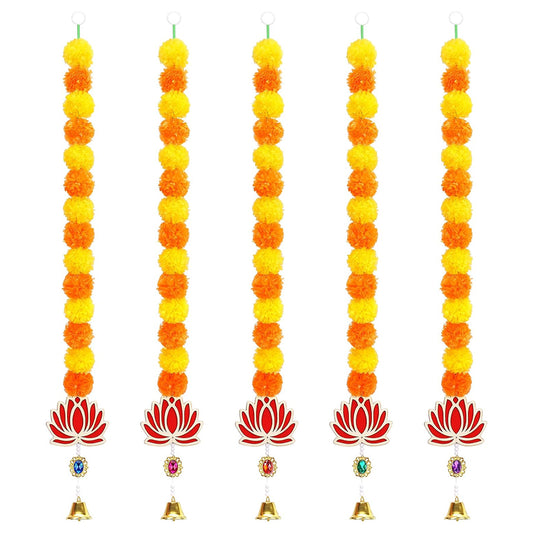 Krivi  Marigold Garland for Decoration,5 Pcs of 5-Feet Long Artificial Flower Garlands with lotus and Bell,Indian Décor for Pooja, Wedding, Halloween, Diwali,(Yellow & Red)