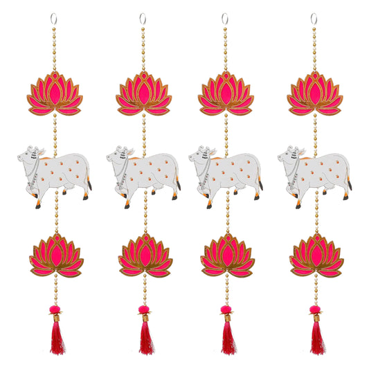 Krivi Lotus with Pichwai Cow Cut Outs, Hangings With Tassels, Floral Wall Decor, Main Entrance Decorations, Backdrop Hangings (4 Pieces)