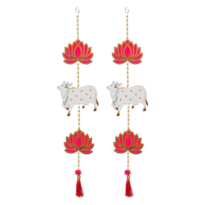Krivi Lotus with Pichwai Cow Cut Outs, Hangings With Tassels, Floral Wall Decor, Main Entrance Decorations, Backdrop Hangings (2 Pieces)