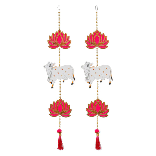 Krivi Lotus with Pichwai Cow Cut Outs, Hangings With Tassels, Floral Wall Decor, Main Entrance Decorations, Backdrop Hangings (2 Pieces)
