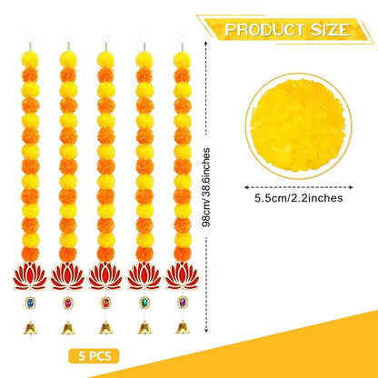 Krivi  Marigold Garland for Decoration,5 Pcs of 5-Feet Long Artificial Flower Garlands with lotus and Bell,Indian Décor for Pooja, Wedding, Halloween, Diwali,(Yellow & Red)