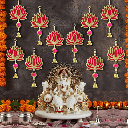 Krivi Lotus Cut Outs With Beads & Metal Bell,, Hangings With Tassels, Floral Wall Decor, Main Entrance Decorations, Backdrop Hangings (10 Pieces)