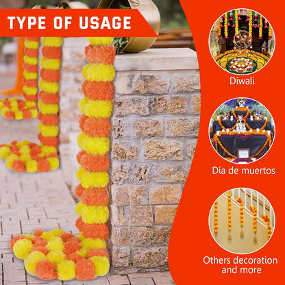 Krivi Marigold Garland for Decoration,5 Pcs of 5-Feet Long Artificial Flower Garlands,Indian Décor for Pooja, Wedding, Halloween, Diwali,(Yellow & Red)