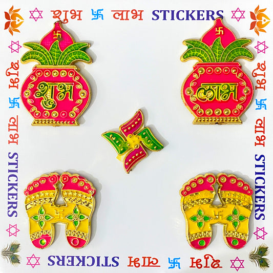 Krivi Multicolor Acrylic Kalash Shubh Labh,Swastik Laxmi Paduka Sticker for Door Decoration |Diwali Sticker for Home Decoration (5 Pieces)