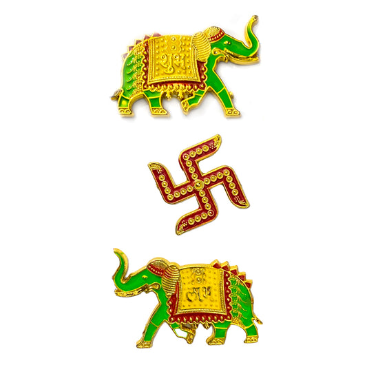 Krivi  Acrylic Work Elephant Shubh Labh with Swastik Sticker, Swastik and Shubh Labh for Wall, Door, Diwali Decor Sticker (3 Pieces)