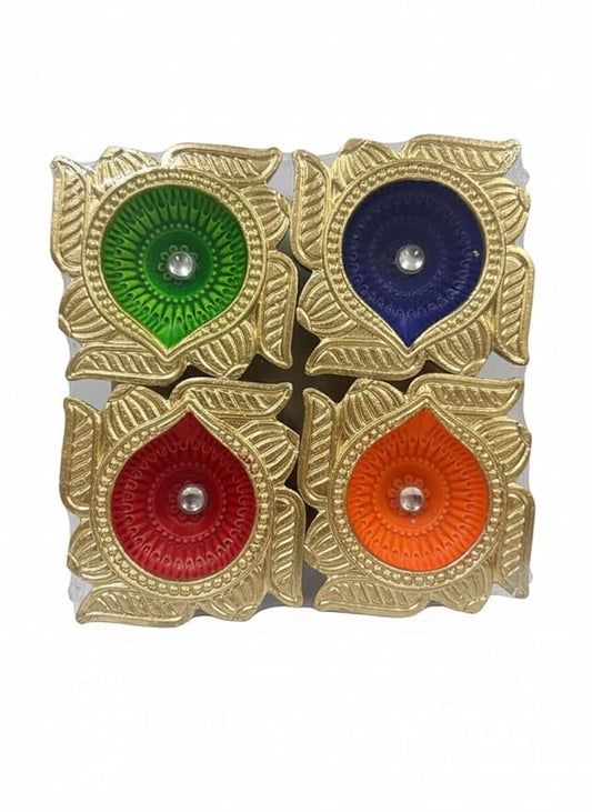Swastik Shaped Traditional Handmade Decorative Terracotta Clay Diya Set (Pack of 4) Multi- colour