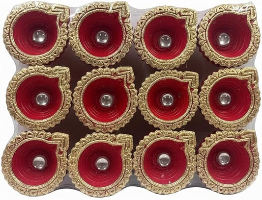 Traditional Handmade Decorative Terracotta Clay Diya Set for Diwali, Pooja, Parties (Pack of 12) - Red & Gold