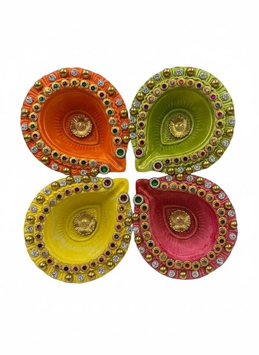 Traditional Handmade Decorative Terracotta Clay Diya Set for Diwali, Pooja, Parties (Pack of 4) Orange Yellow Pink Green